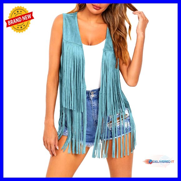 Faux Suede Fringe Vest Sleeveless Boho Retro Western Cowgirl Outerwear